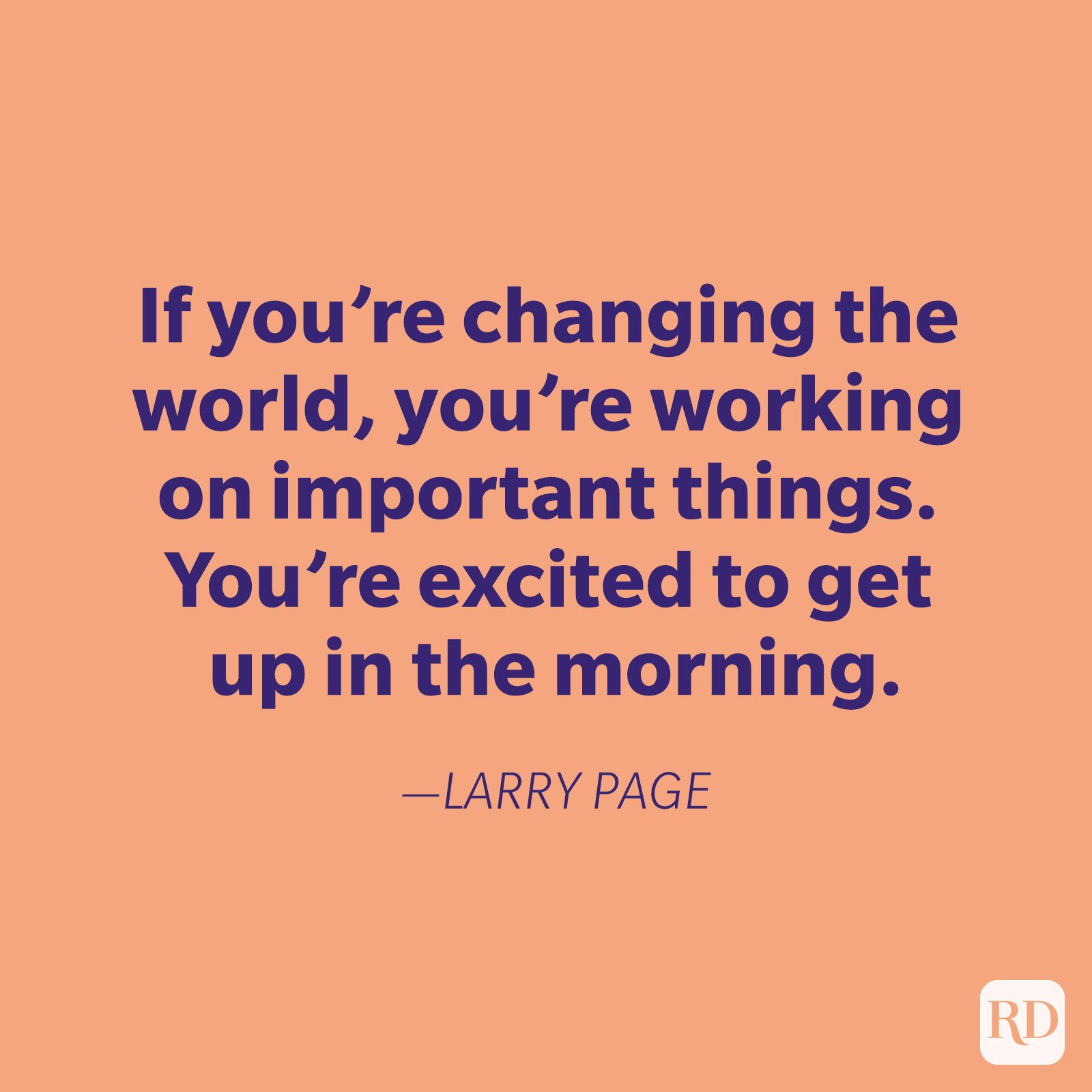 Text displays an inspirational quote by Larry Page on a peach background, featuring bold blue letters. RD logo is in the bottom-right corner.
