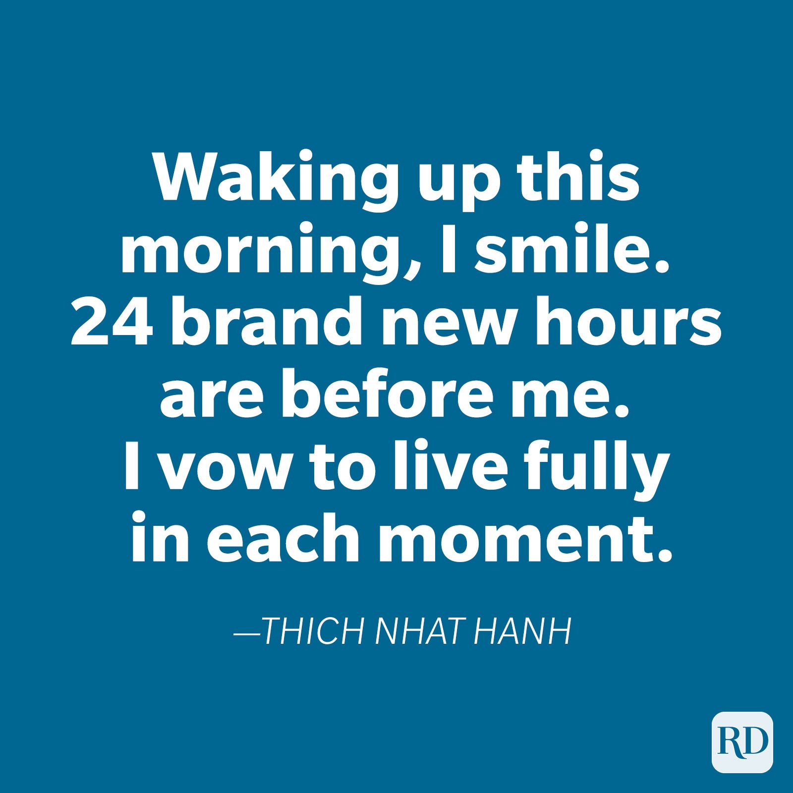 Text displays a morning reflection on gratitude and living fully by Thich Nhat Hanh on a blue background.