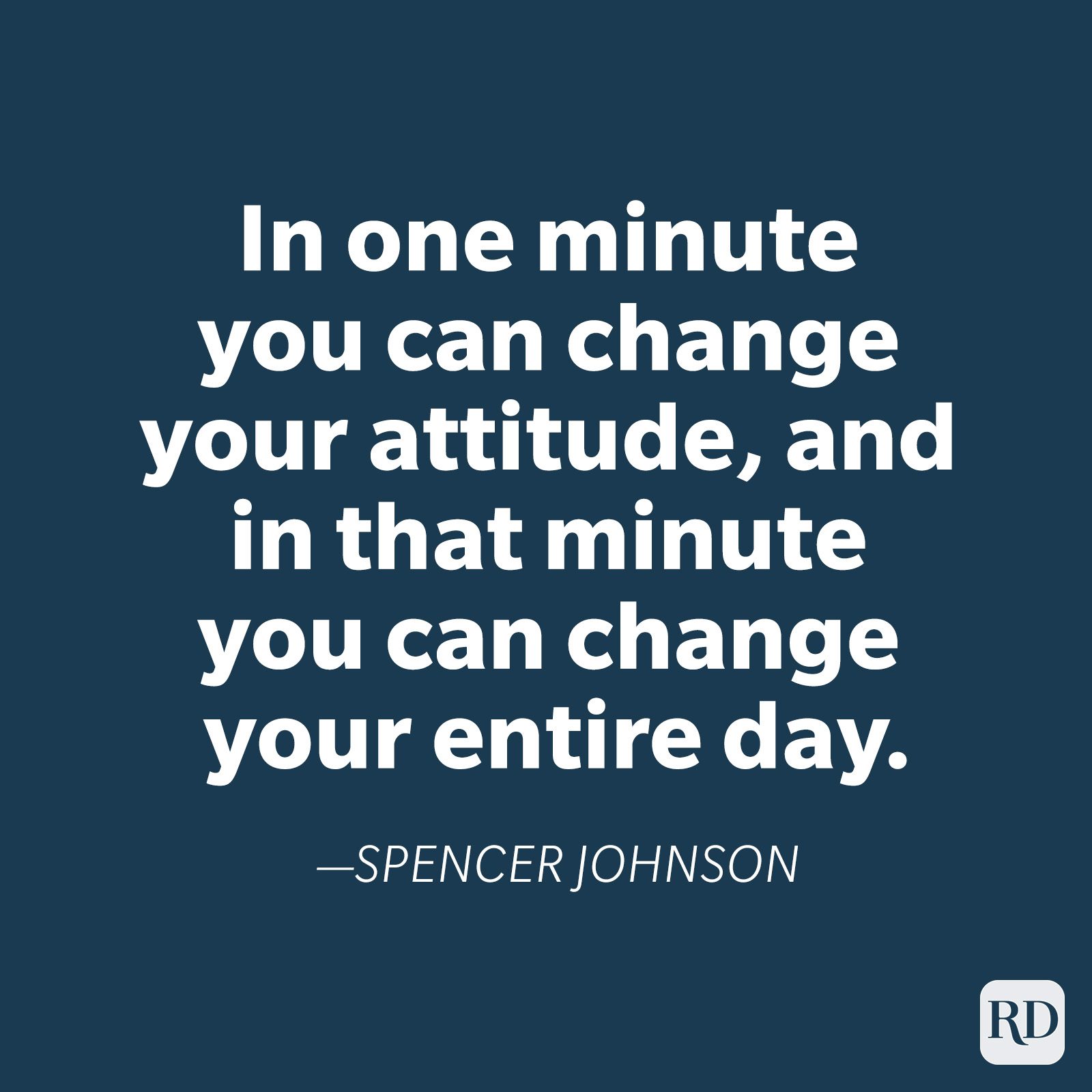 Text displays a motivational quote about attitude and impact by Spencer Johnson, set against a dark blue background.