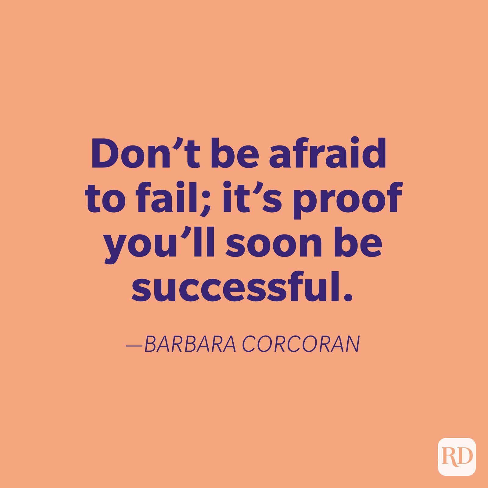 Text displays an inspirational quote by Barbara Corcoran about embracing failure, on a peach background with bold dark blue lettering.