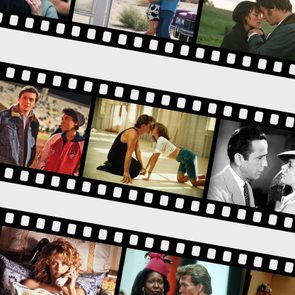 Filmstrip of romantic movie scenes features couples in various settings, showcasing different moods and time periods, with vibrant colors and diverse backgrounds.