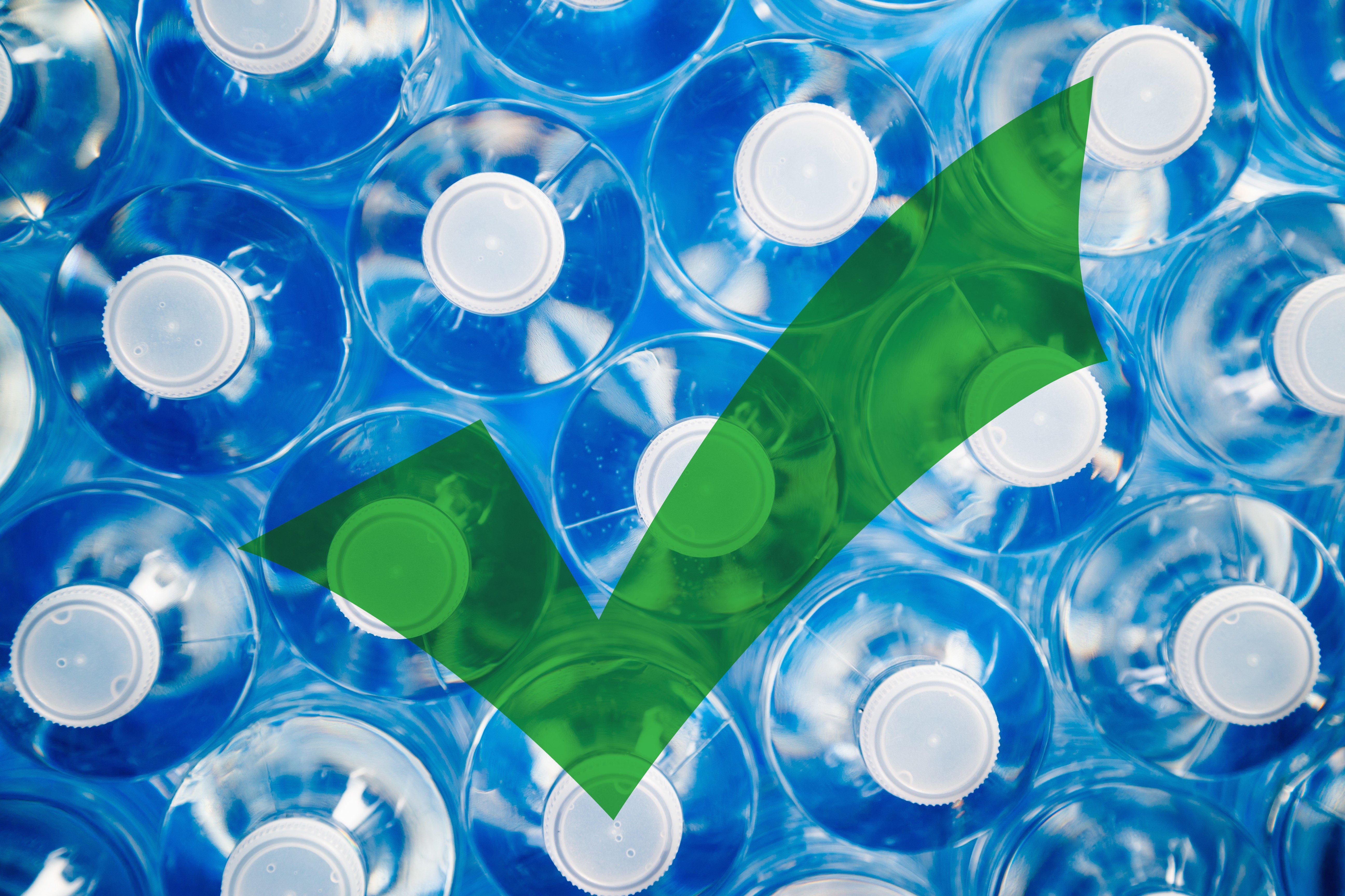 Bottles are arranged neatly, topped with a large green checkmark, set against a blue background.