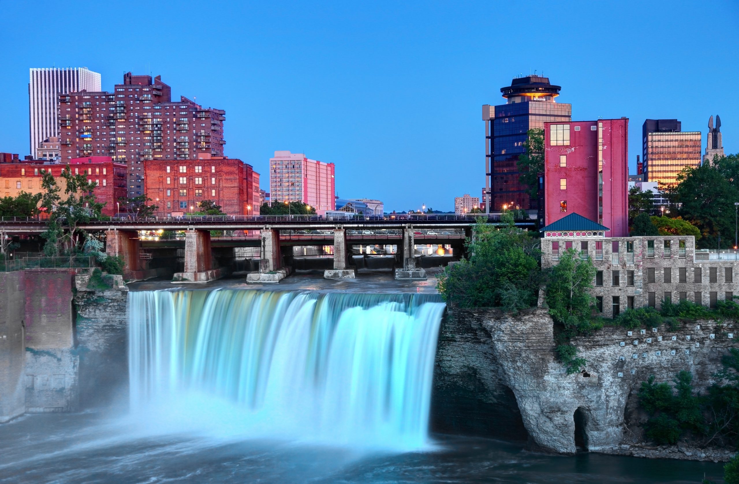 High Falls at dusk in Rochester, New York