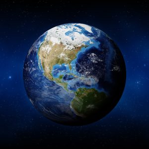 Earth floats calmly, spotlighting North and South America, surrounded by a vast, dark starry expanse in space.