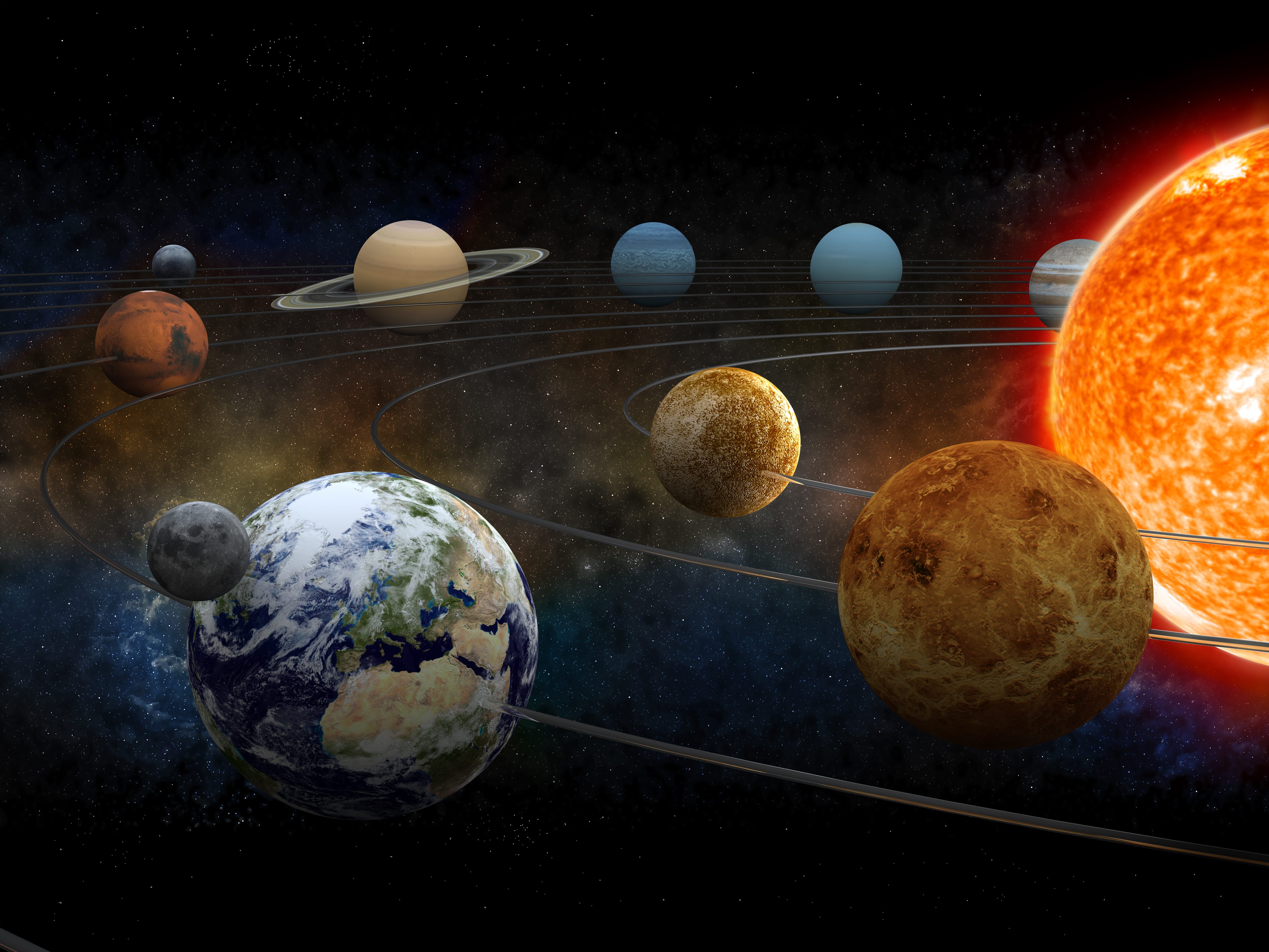 Planets orbiting the Sun, displayed in a line with visible orbits, set against a dark, starry space background.