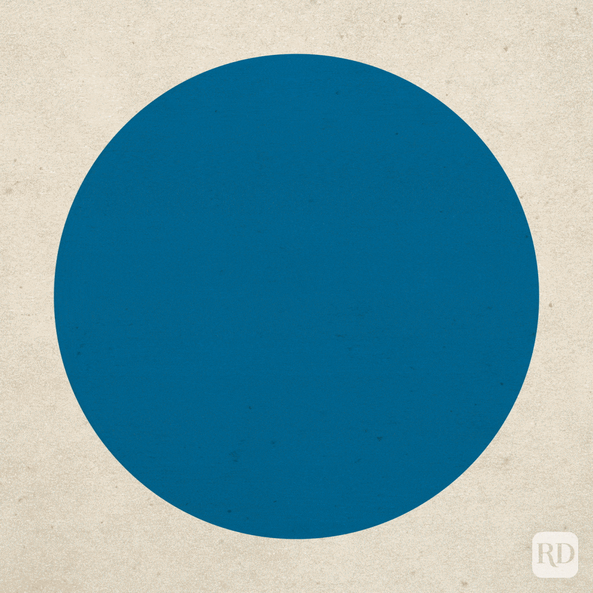 A large blue circle is centered on a textured beige background. The bottom-right corner features a small rectangular logo with the initials "RD."