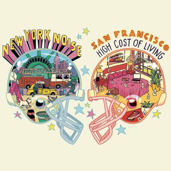 Two football helmets depict busy urban scenes: New York's noise with a taxi and fire truck, San Francisco's costly living with dollar signs.