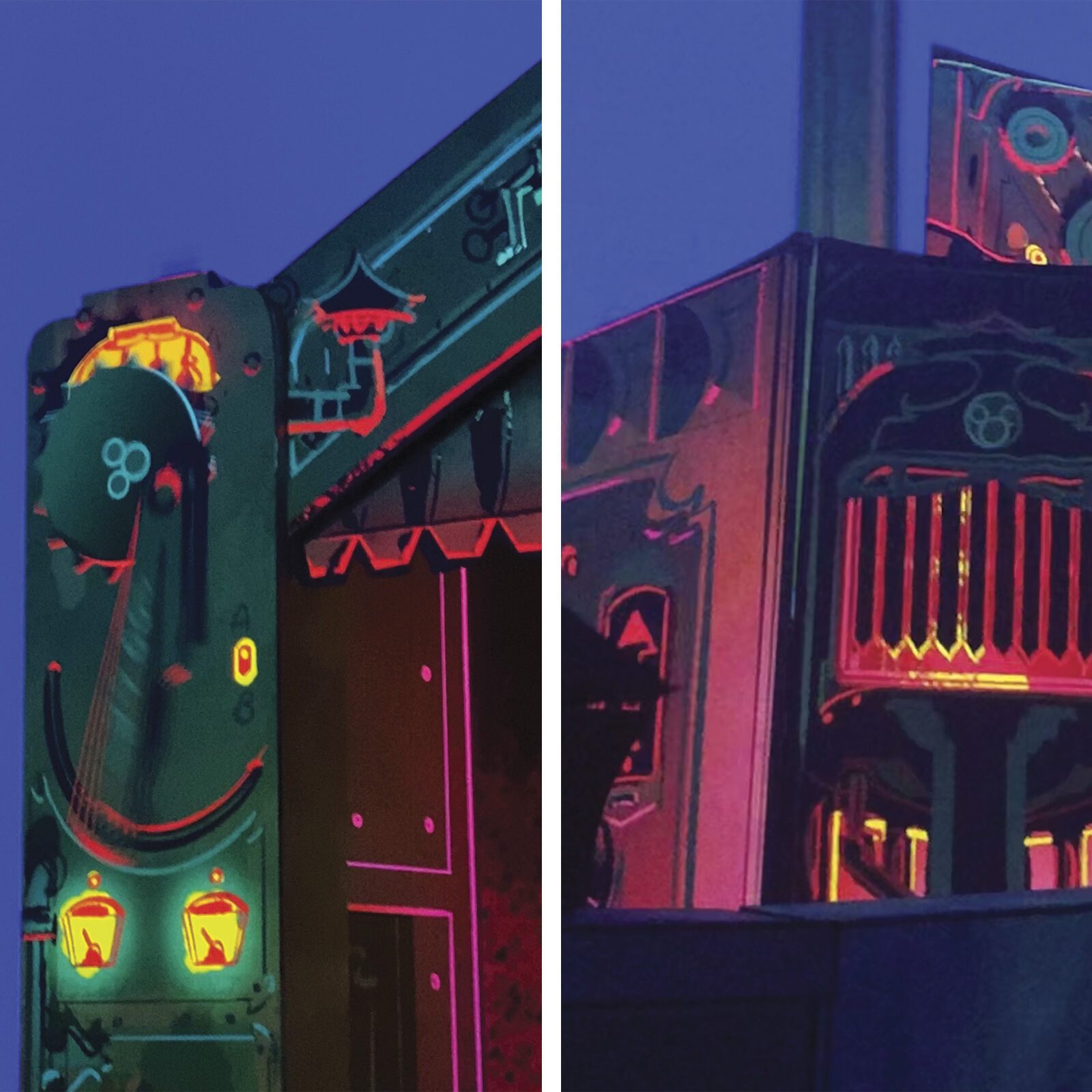 Neon-lit amusement ride displays intricate, colorful patterns and glowing decorations at night, situated in a carnival or festival setting.