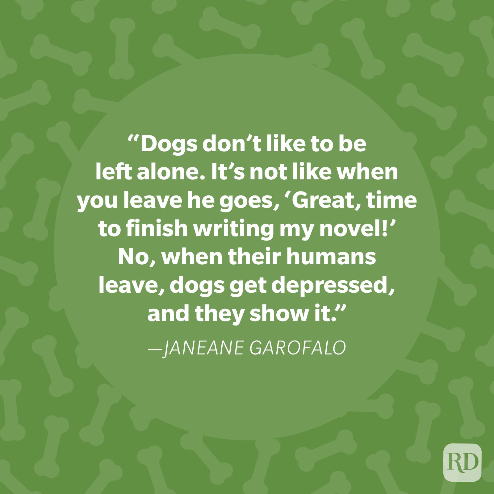 Quote displayed on a green background with bone patterns, humorously discussing dogs' dislike of being left alone by their humans.
