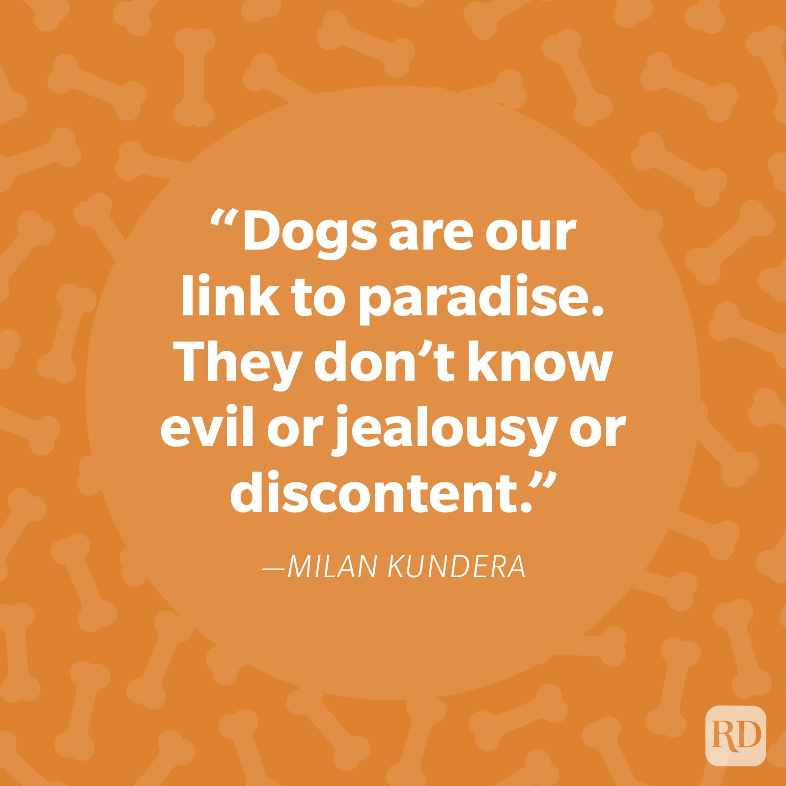Quote by Milan Kundera displayed in white text on an orange background with dog bone patterns.