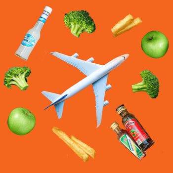 Airplane surrounded by broccoli, apples, breadsticks, and beverage bottles against an orange background.