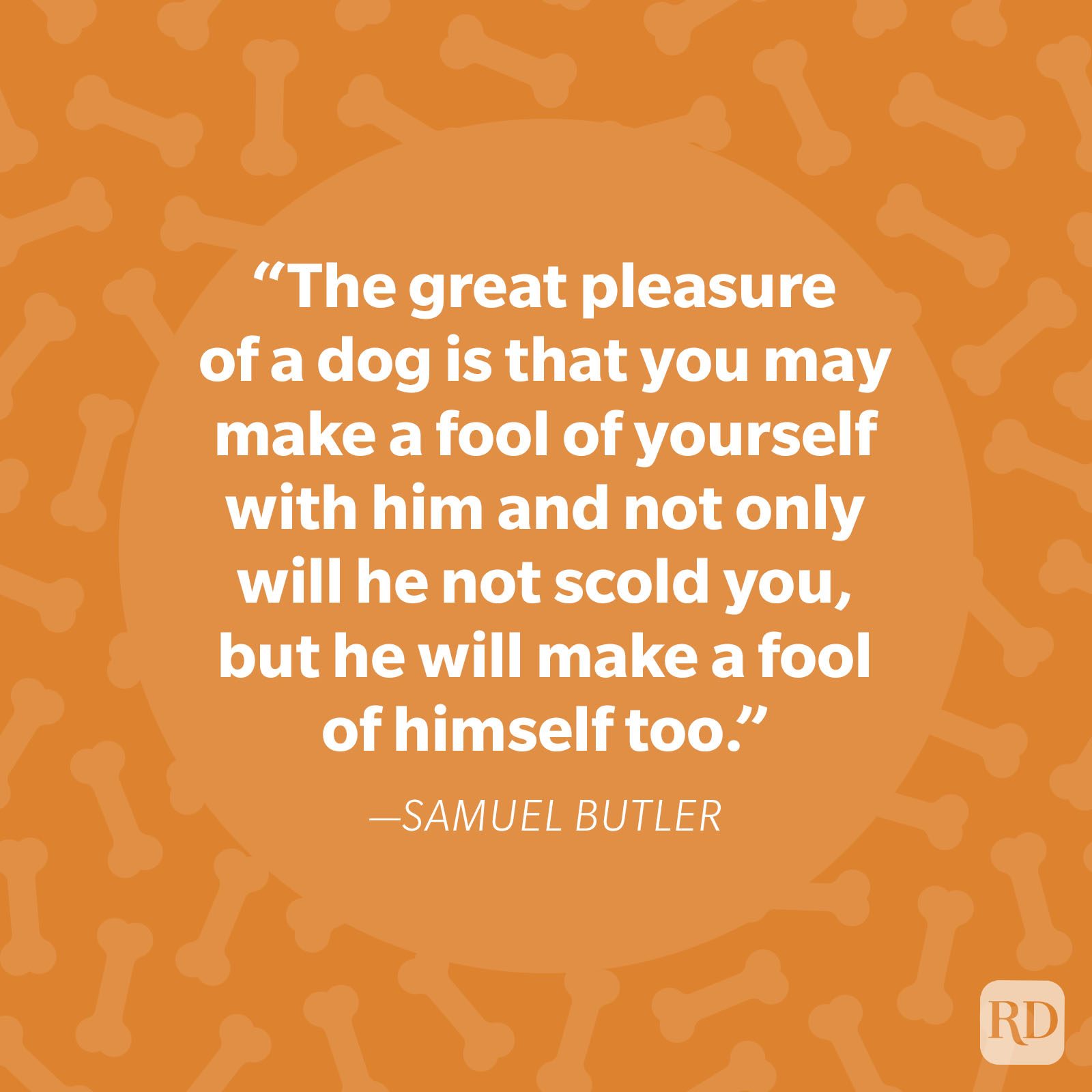 Quote displayed on orange background with bone patterns: &acirc;&euro;&oelig;The great pleasure of a dog is that you may make a fool of yourself..." &acirc;&euro;&rdquo;Samuel Butler.