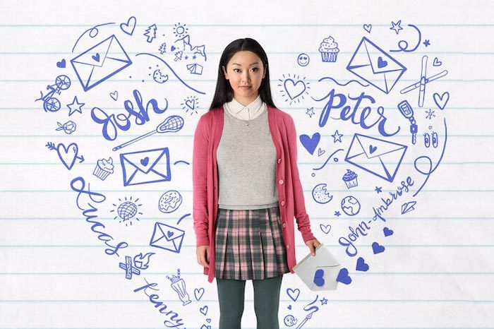 A girl stands holding letters, surrounded by doodles of envelopes and names like Josh and Peter, against a background resembling lined notebook paper.