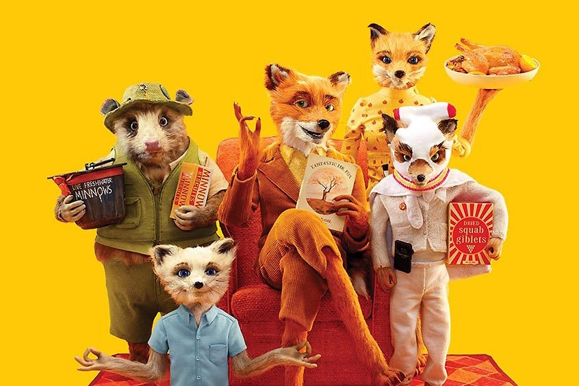 Anthropomorphic animals pose, holding items like books and food, against a bright yellow background; one fox sits on a red chair.