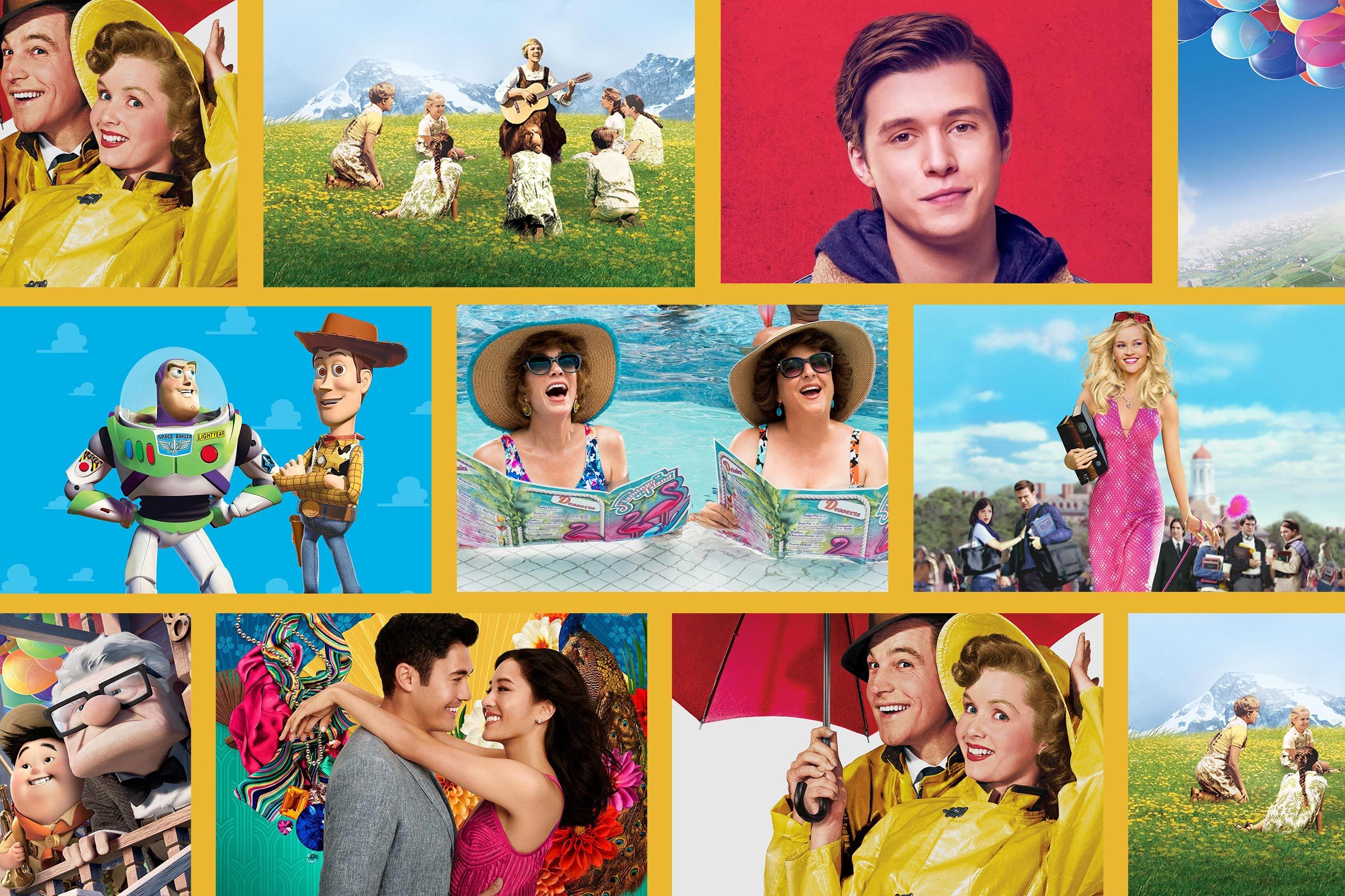 Collage of movie scenes featuring animated characters, people in yellow raincoats, a mountainous landscape, a swimming pool, and a woman in a pink dress.