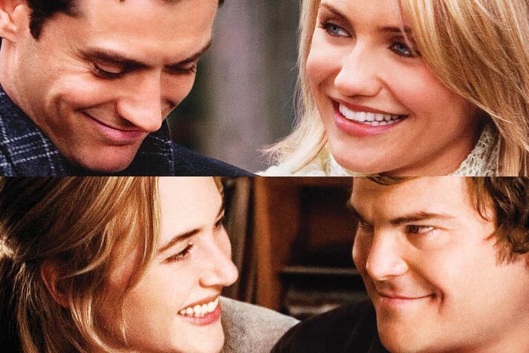 Two smiling couples gaze at each other closely. The settings are warm, with soft lighting and blurred backgrounds, creating an intimate, friendly atmosphere.