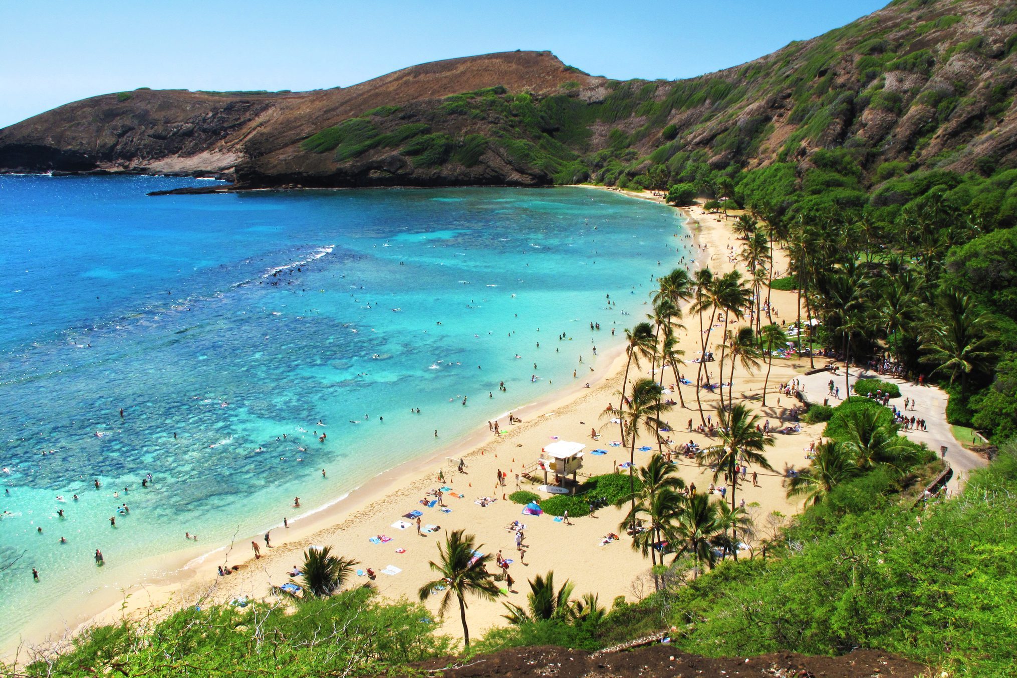 Beachgoers swim and relax on a sandy beach with turquoise waters, surrounded by lush hills and palm trees.