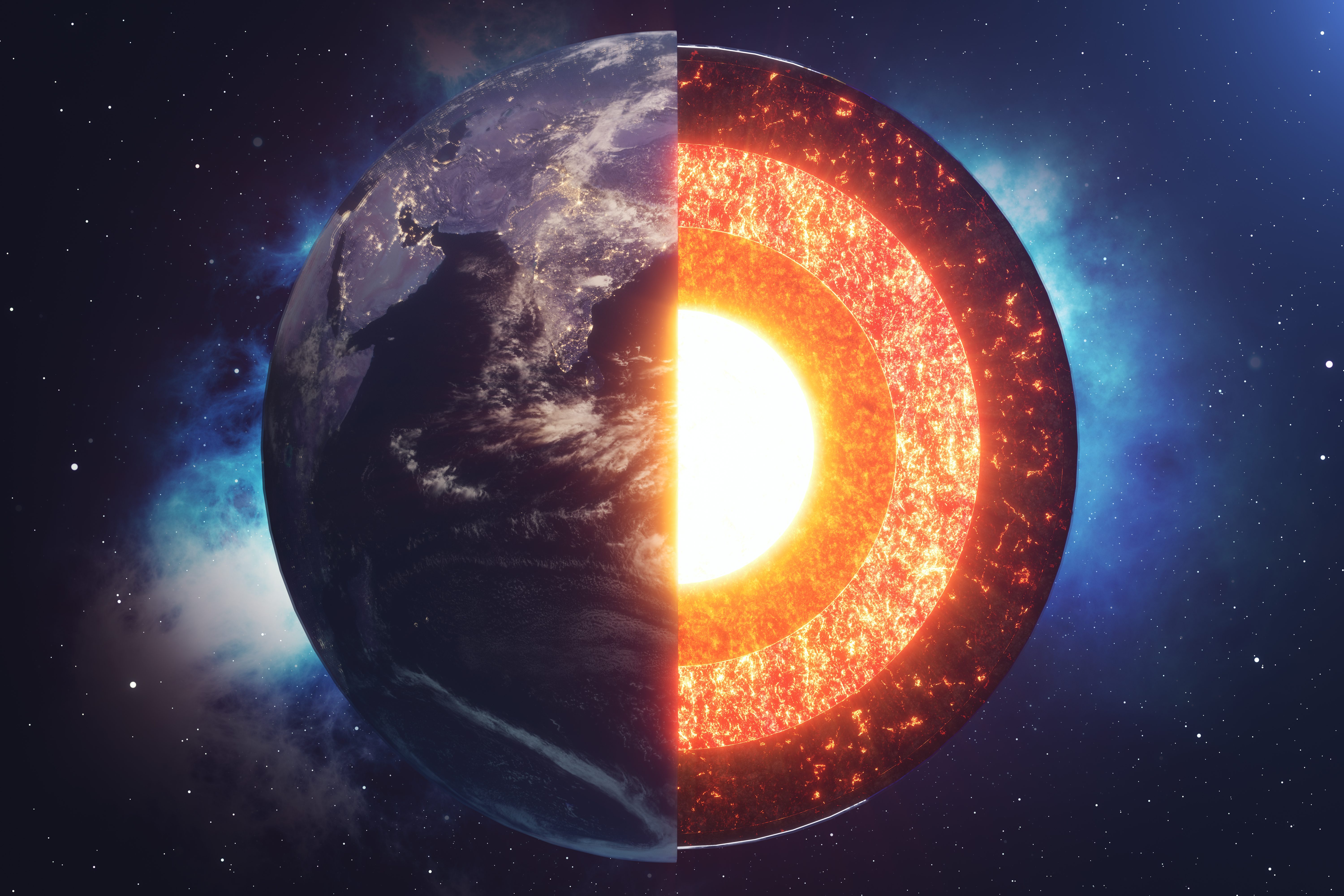 Half of Earth shown with outer layers, revealing glowing, hot core; space and stars surround.