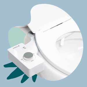 Bidet attachment features a control knob on a white toilet seat, set against a light blue background with abstract shapes.