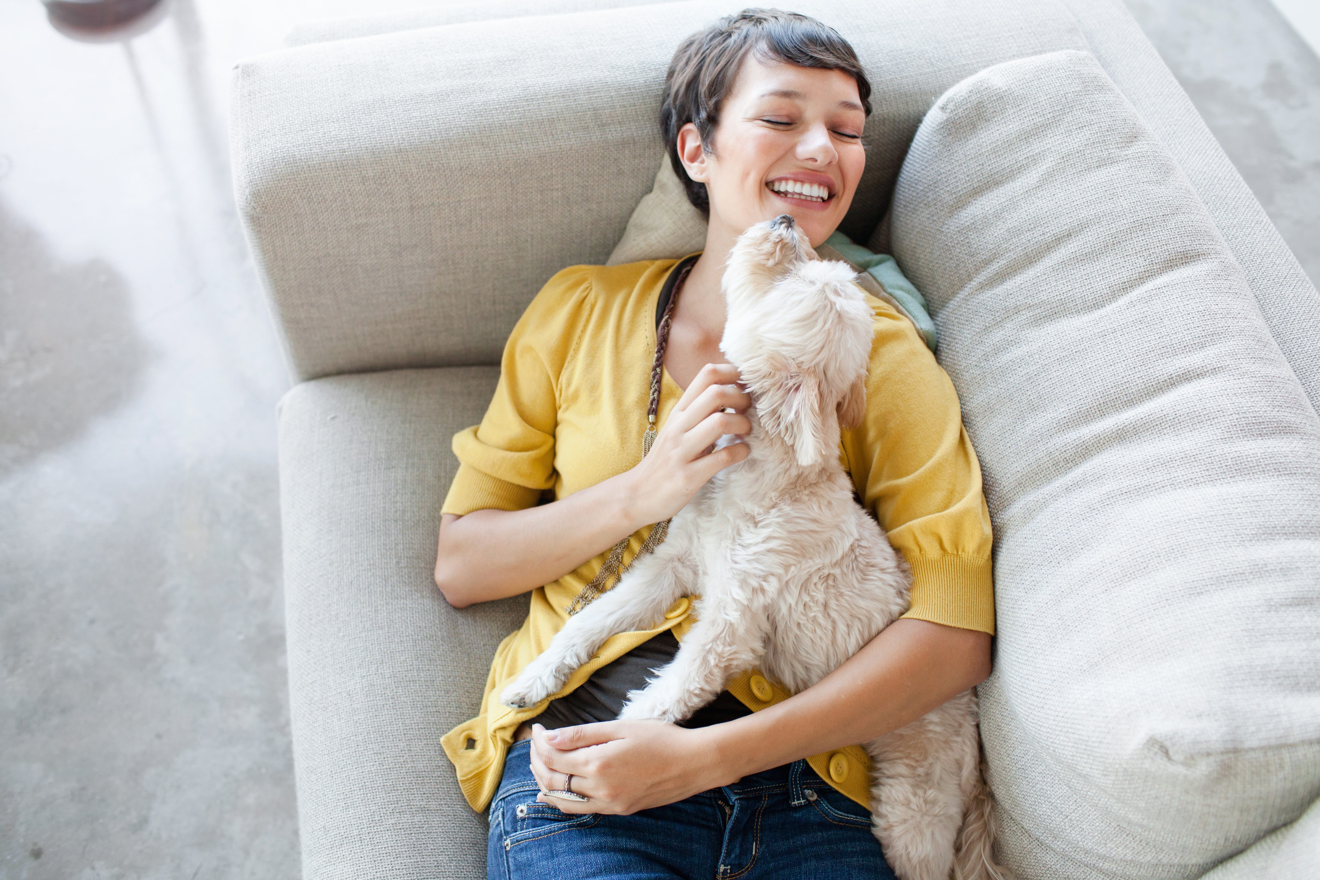 A woman in a yellow sweater smiles as a small dog nuzzles her, lying on a light-colored couch.