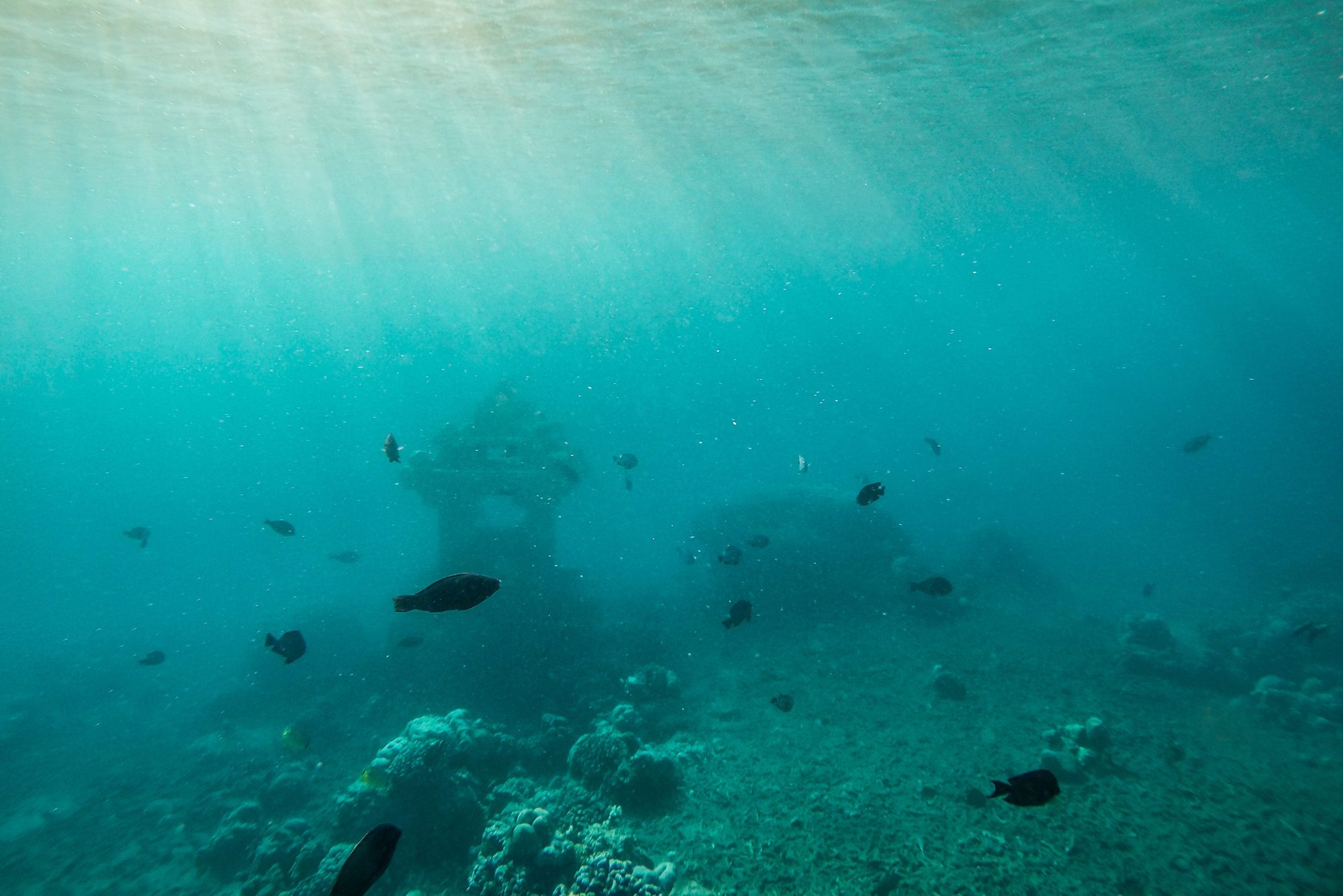 Underwater ruins of ancient temple building.