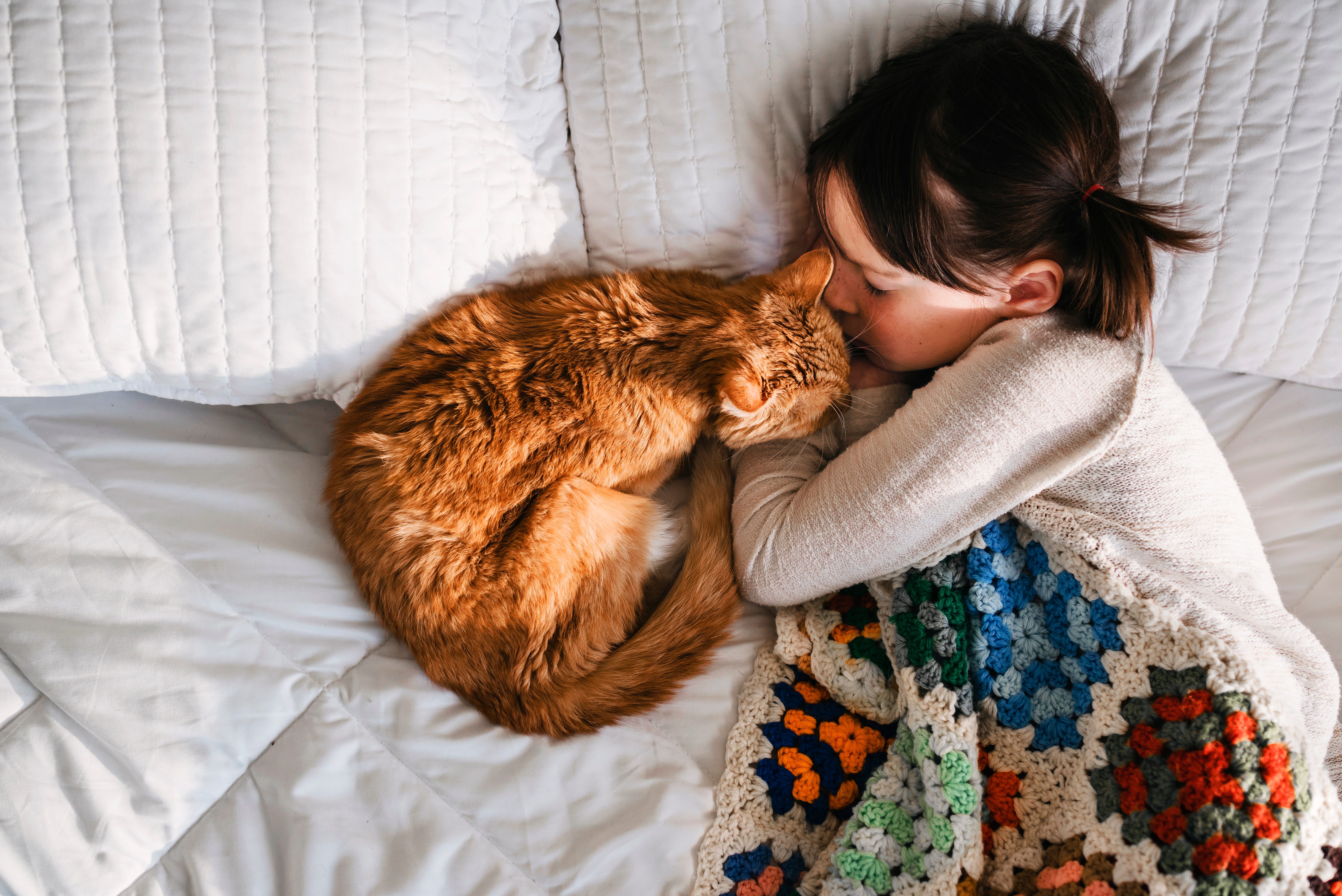 A cat sleeps curled beside a child who is napping under a colorful crocheted blanket on a white bed.