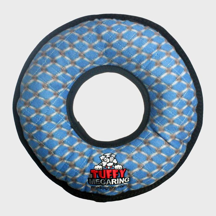 A blue, donut-shaped fabric toy with a checkered pattern displays 