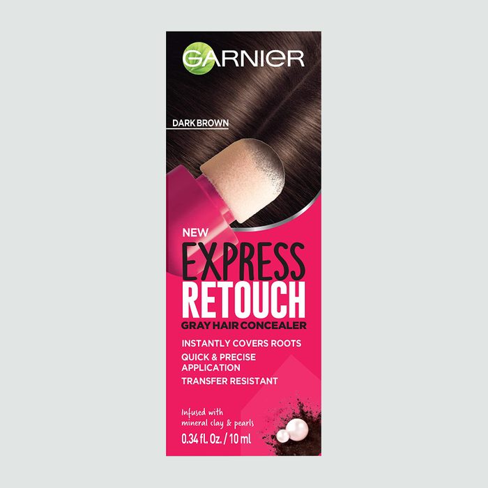 Box displays hair concealer applicator, targeting gray roots; labeled 