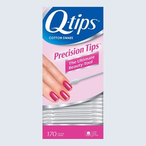 Cotton swabs are packaged, showcasing a precision tip next to manicured nails, branded as Q-tips, 