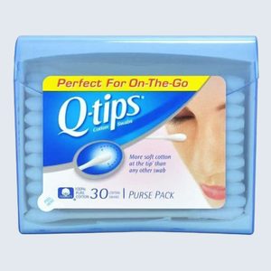 Plastic container holds cotton swabs labeled 