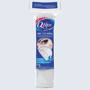 Package containing Q-tips beauty rounds, advertising hypoallergenic cotton, better absorbency, and quilted design, with labeling emphasizing resealable feature and quantity of 75 cotton rounds.