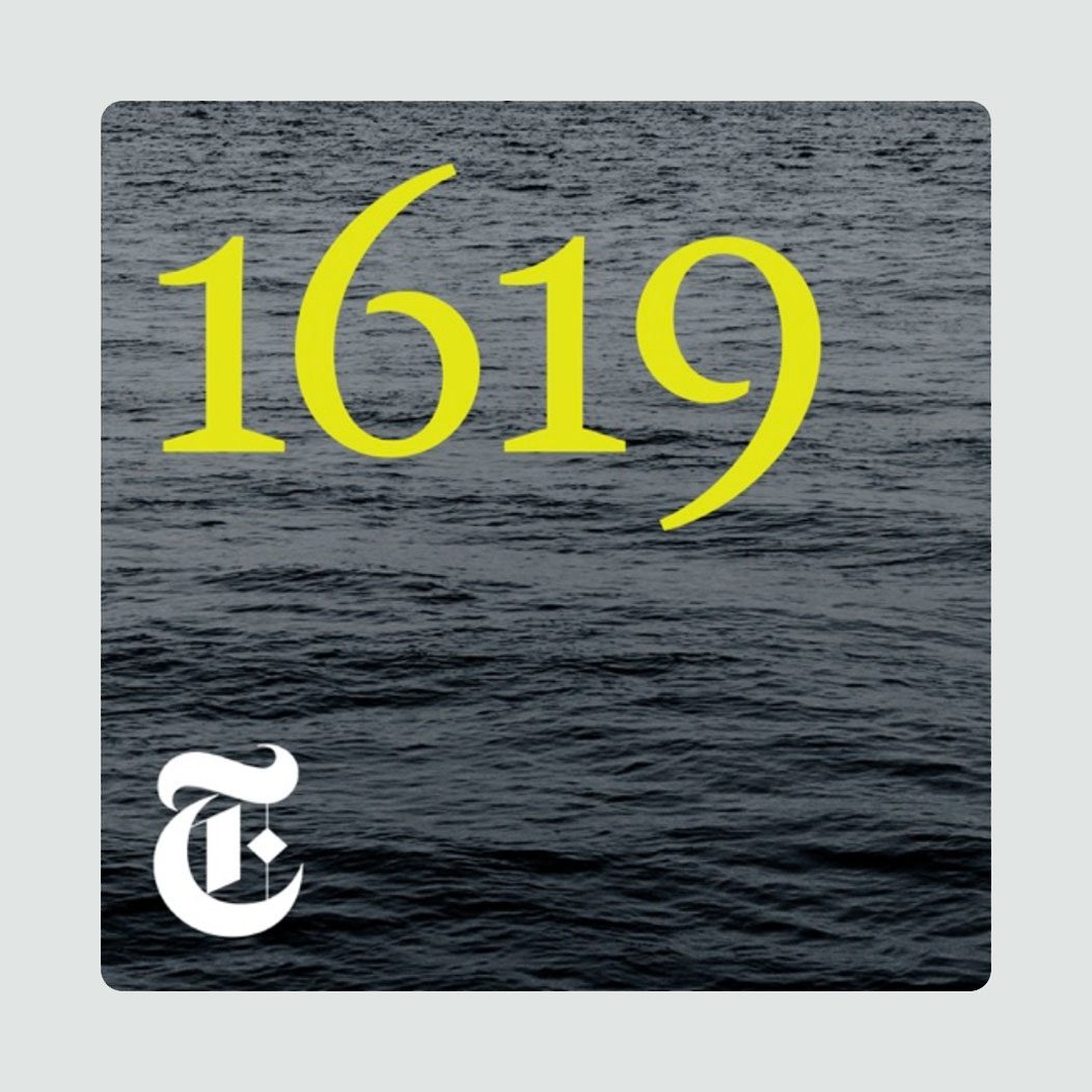 Yellow "1619" text overlays a dark ocean backdrop, with a stylized white "T" logo in the corner.