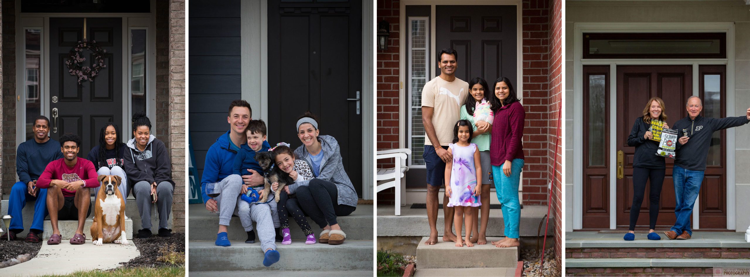 Families pose on their porches, some with pets and books, creating a sense of unity and warmth in neighborhood surroundings.