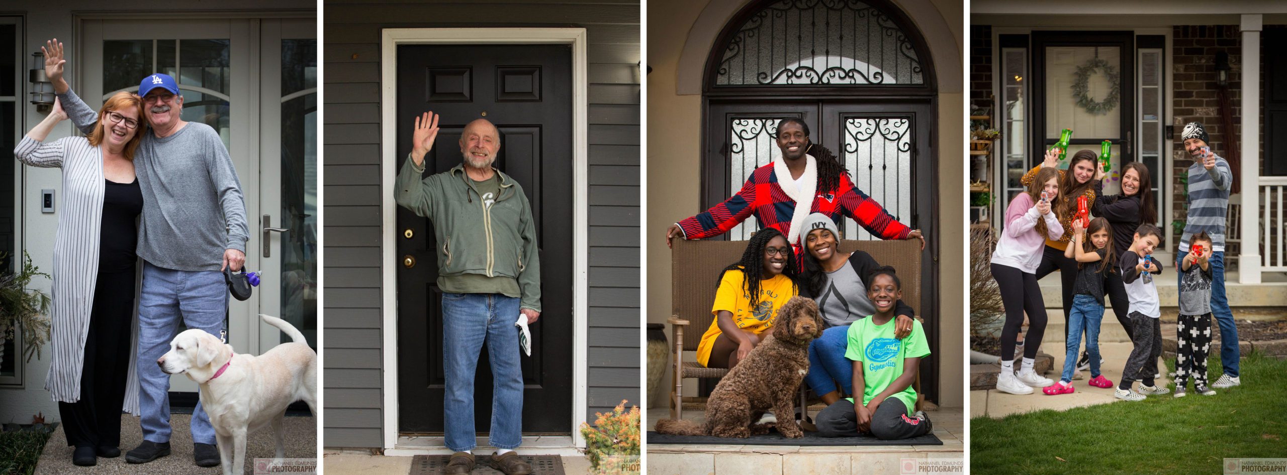 Four panels show diverse families standing at front doors, smiling and waving. One panel includes a dog, and another shows water gun toys.