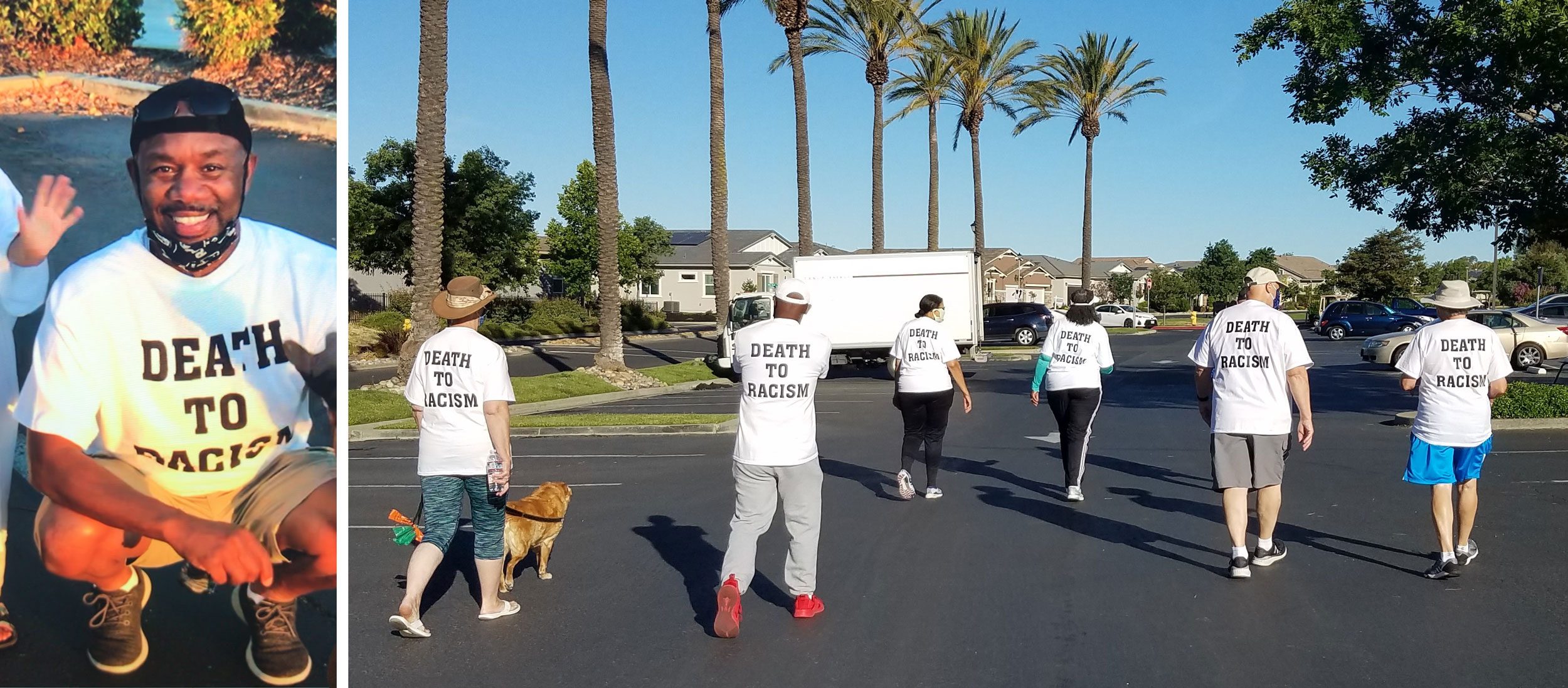 People wear "Death to Racism" T-shirts, walking through a suburban street lined with palm trees. One person kneels, smiling at the camera.