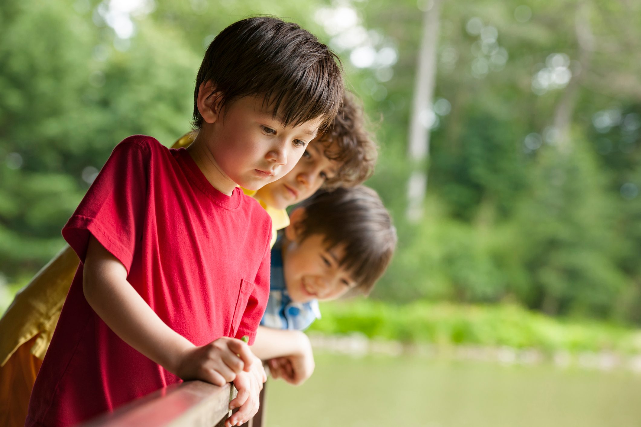 Three children lean over a railing, observing something below, with lush green trees in the background.