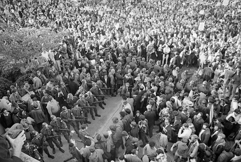 Aerial View of Troops and Demonstrators