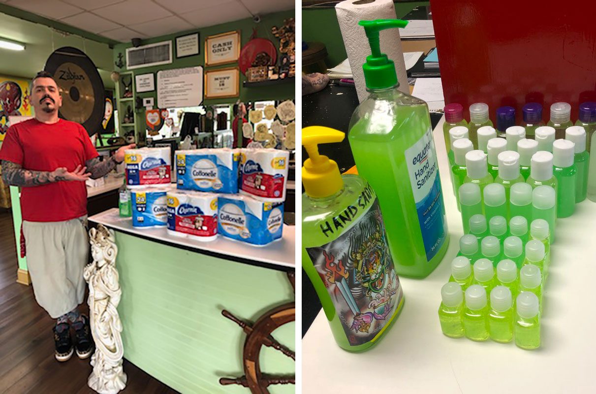 Left: Person showcases toilet paper packs on a green counter. Right: Various green hand sanitizer bottles arranged on a table.