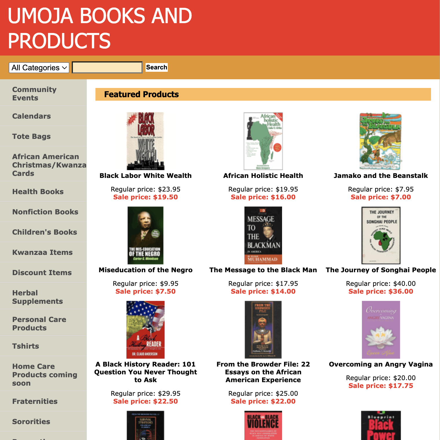 Book covers displayed, showcasing various titles, with regular and sale prices listed. Categories are on the left; "Umoja Books and Products" is at the top.