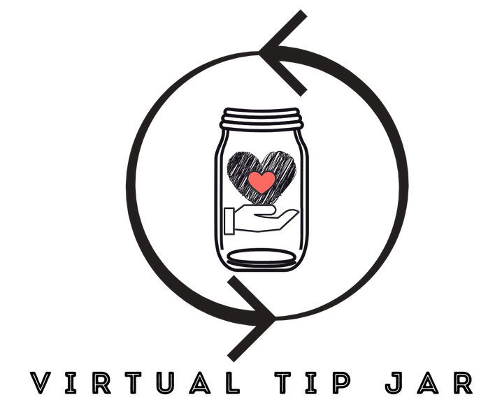 Jar holds a heart above a hand, encircled by an arrow; text below reads "VIRTUAL TIP JAR."