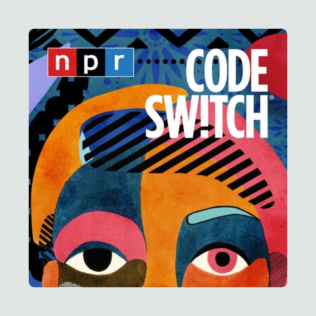 Abstract face artwork displays vibrant colors and patterns, featuring text "npr" and "CODE SWITCH" in the upper right corner.