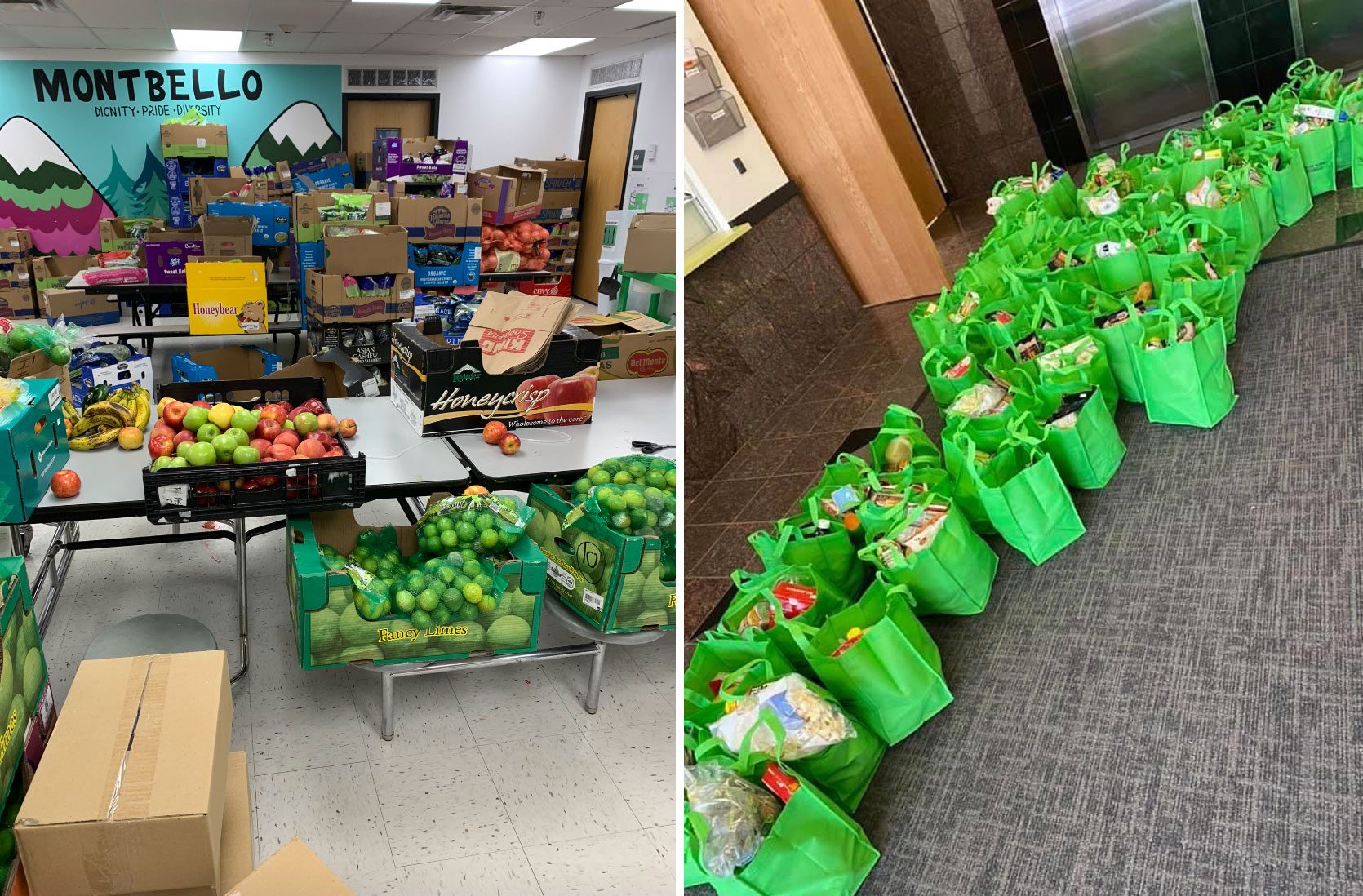 Boxes of assorted fruits and vegetables on tables; nearby, green bags filled with groceries are arranged on a carpeted floor.