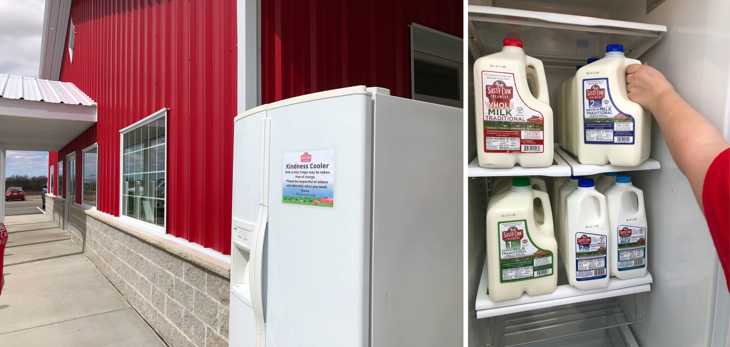 Refrigerator holds milk jugs labeled "Sassy Cow Creamery." A person takes a jug. Located outside a red building with sign: "Kindness Cooler."
