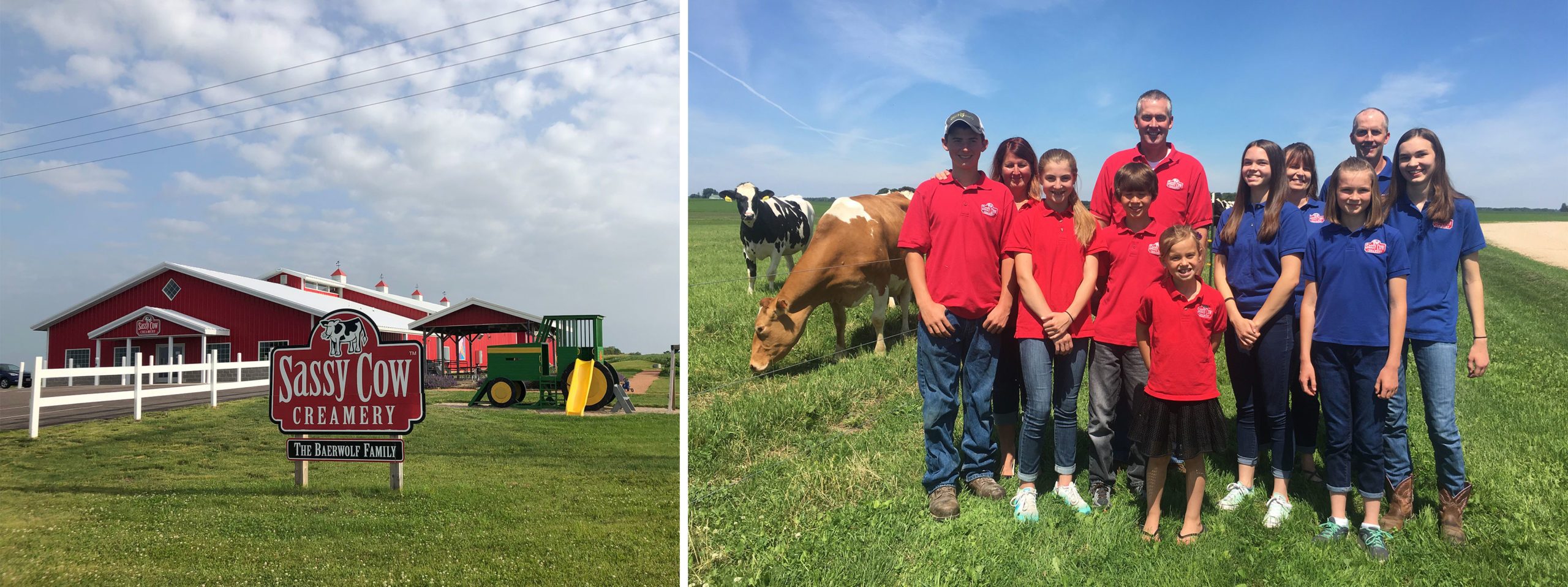 A creamery sign stands before a red barn; family smiles with cows nearby in a sunny pasture. Sign reads "Sassy Cow Creamery, The Baerwolf Family."