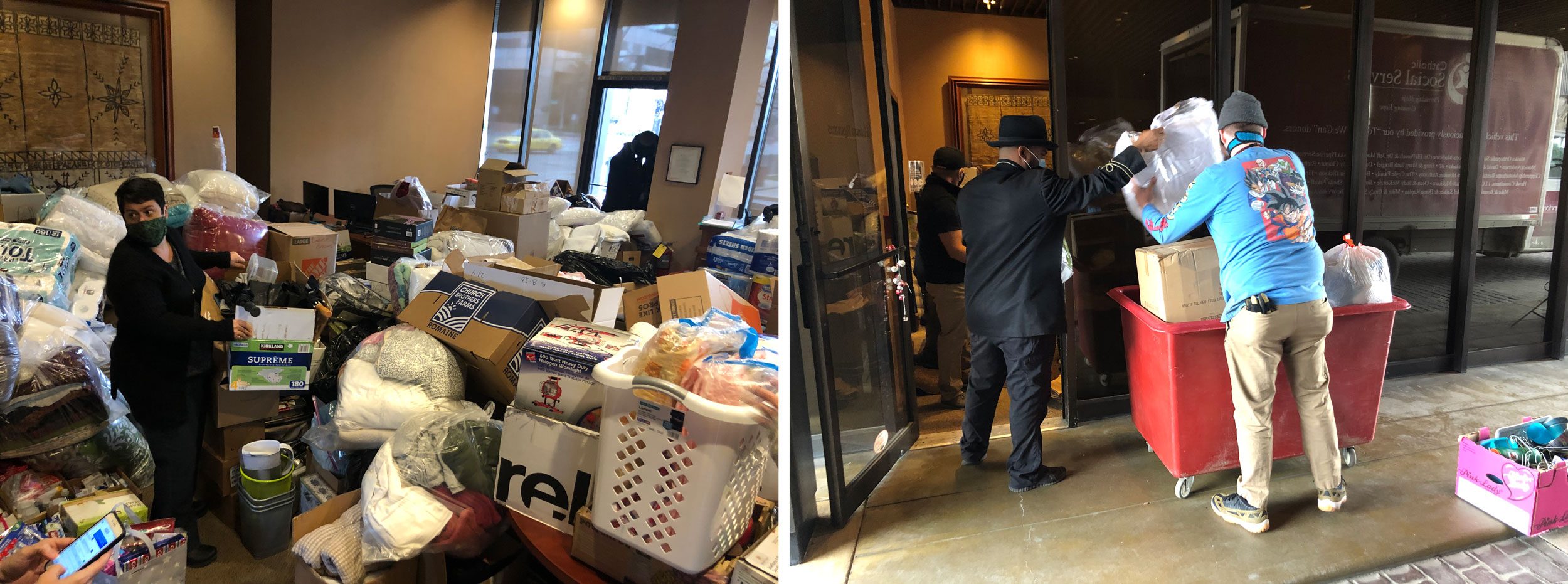 Boxes and bags being organized indoors; people move items into a building lobby, surrounded by glass doors and a variety of supplies.