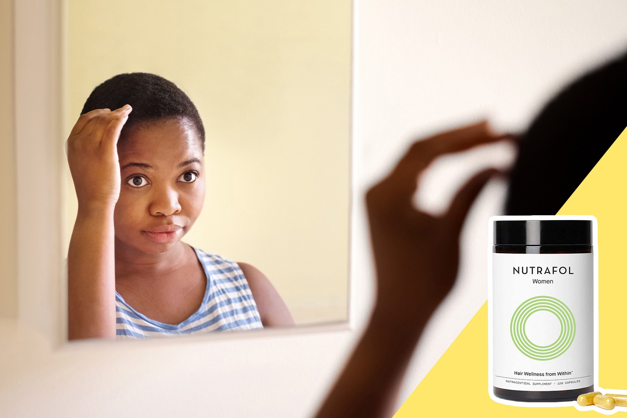 Person examines hair in mirror; labeled "NUTRAFOL Women" bottle displayed, promoting hair wellness capsules, on yellow background.