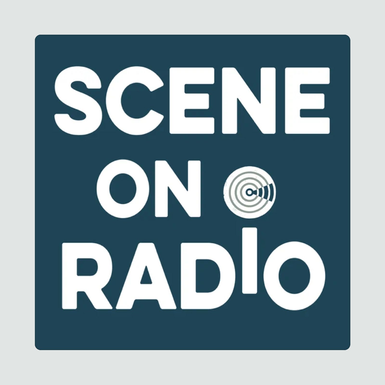 Bold white text reads "SCENE ON RADIO" on a dark square background, with a circular graphic replacing the "O" in "ON."