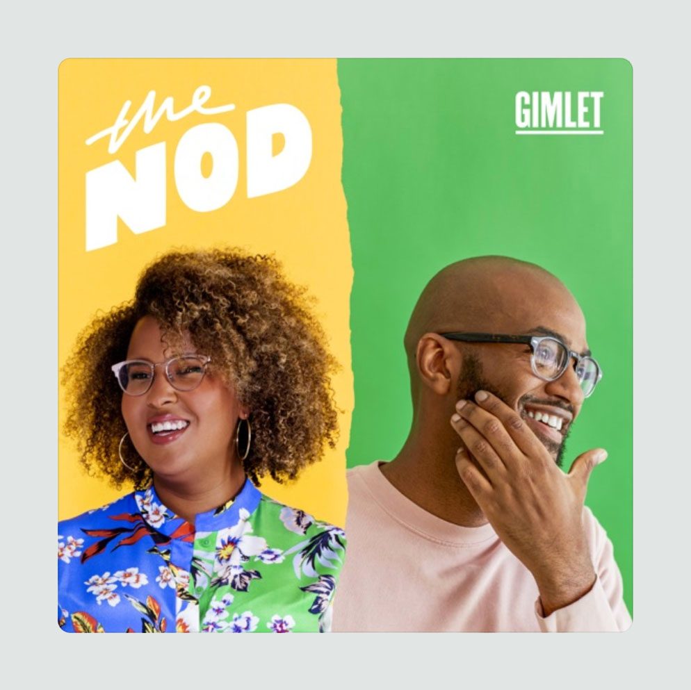 Two people smiling in colorful attire; one has curly hair, glasses, and floral shirt against yellow. The other, bald and bearded, wears glasses, pink shirt, against green. Text: "the NOD" (yellow), "GIMLET" (green).