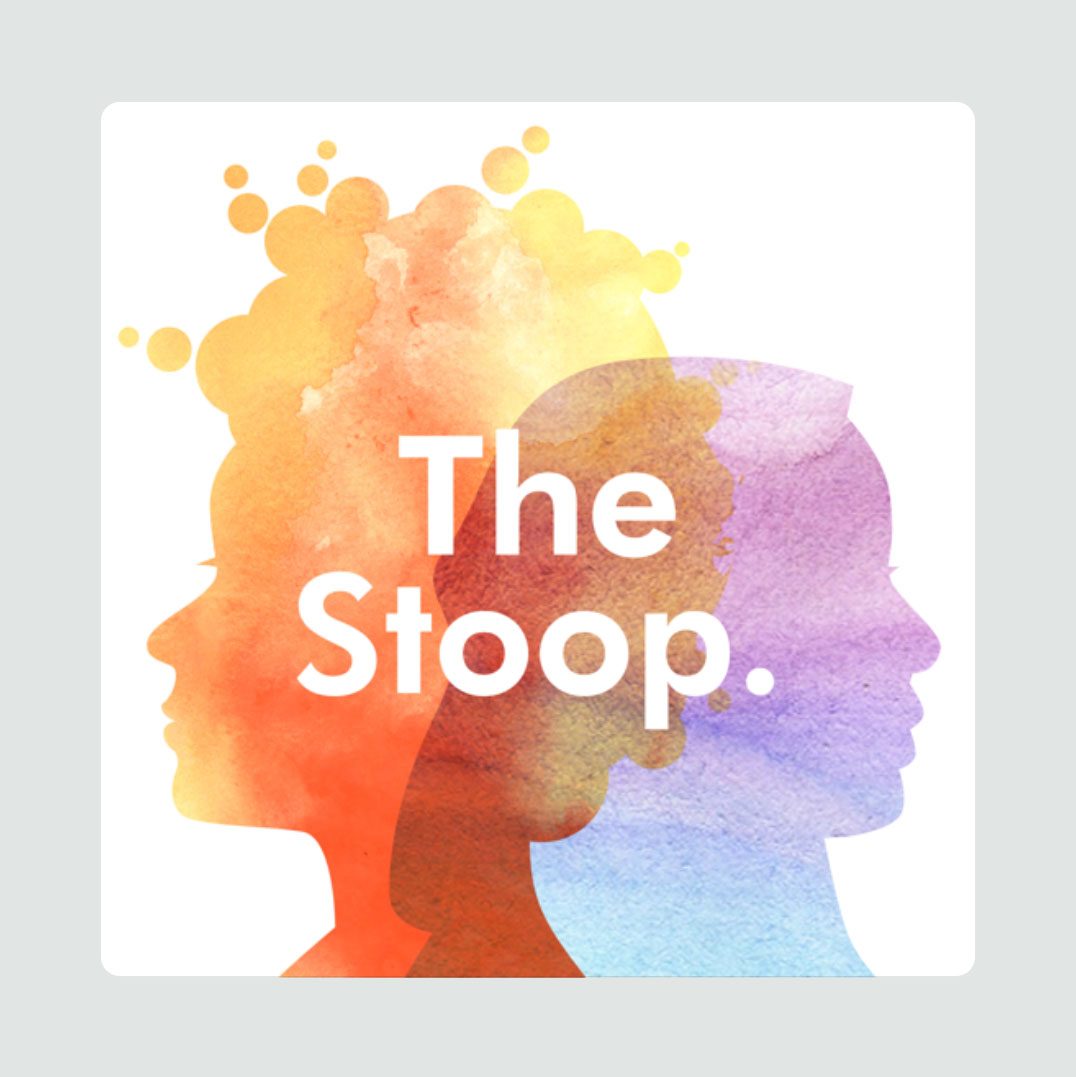 Silhouettes in watercolor, face opposite directions, overlaid with "The Stoop" text, set against a light background.