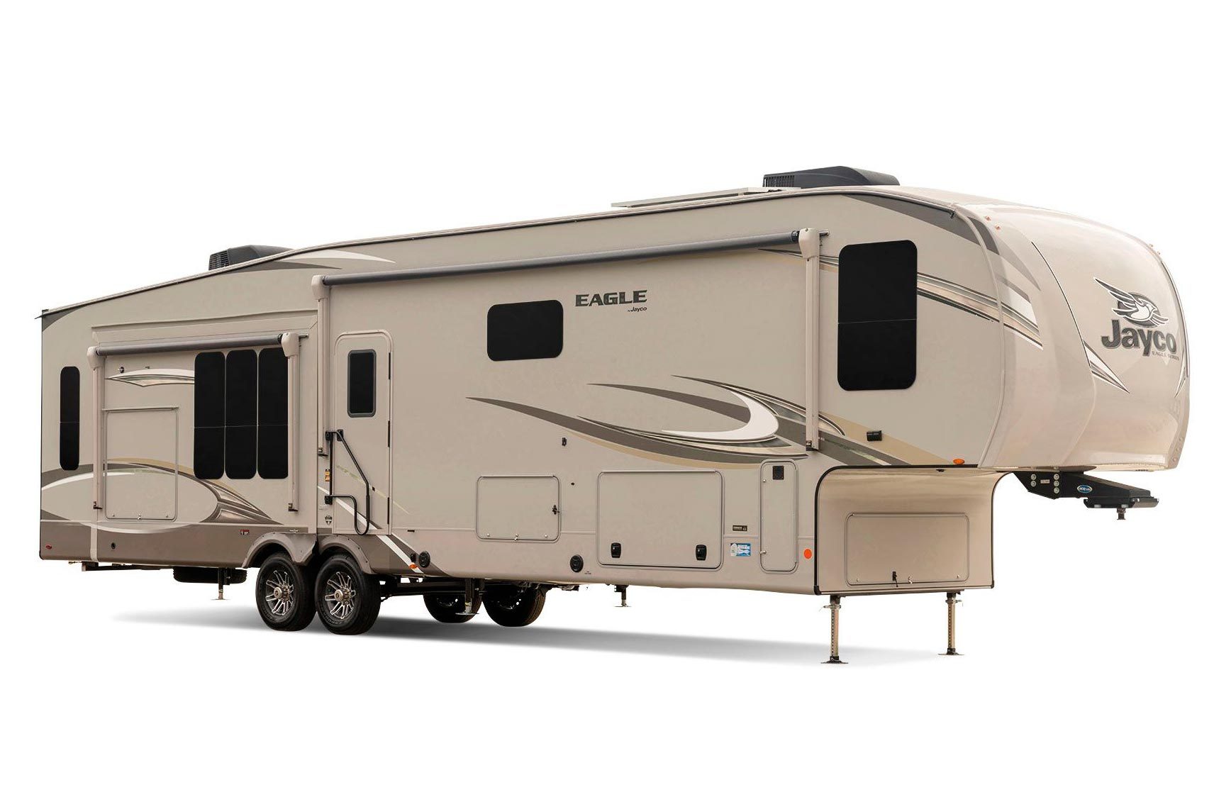 Tan fifth-wheel RV trailer parked, featuring multiple windows and compartments, labeled "Eagle" and "Jayco," set against a plain white background.